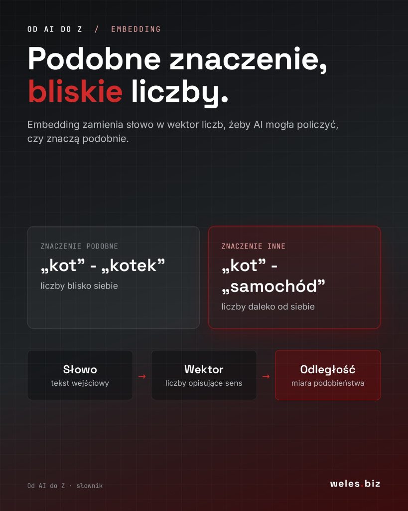 Porównanie dwóch par słów: „kot” i „kotek” mają podobne znaczenie, więc ich wektory liczb wypadają blisko siebie, a „kot” i „samochód” mają różne znaczenie, więc ich wektory są daleko. Pod spodem trzy kroki: słowo, wektor, odległość.